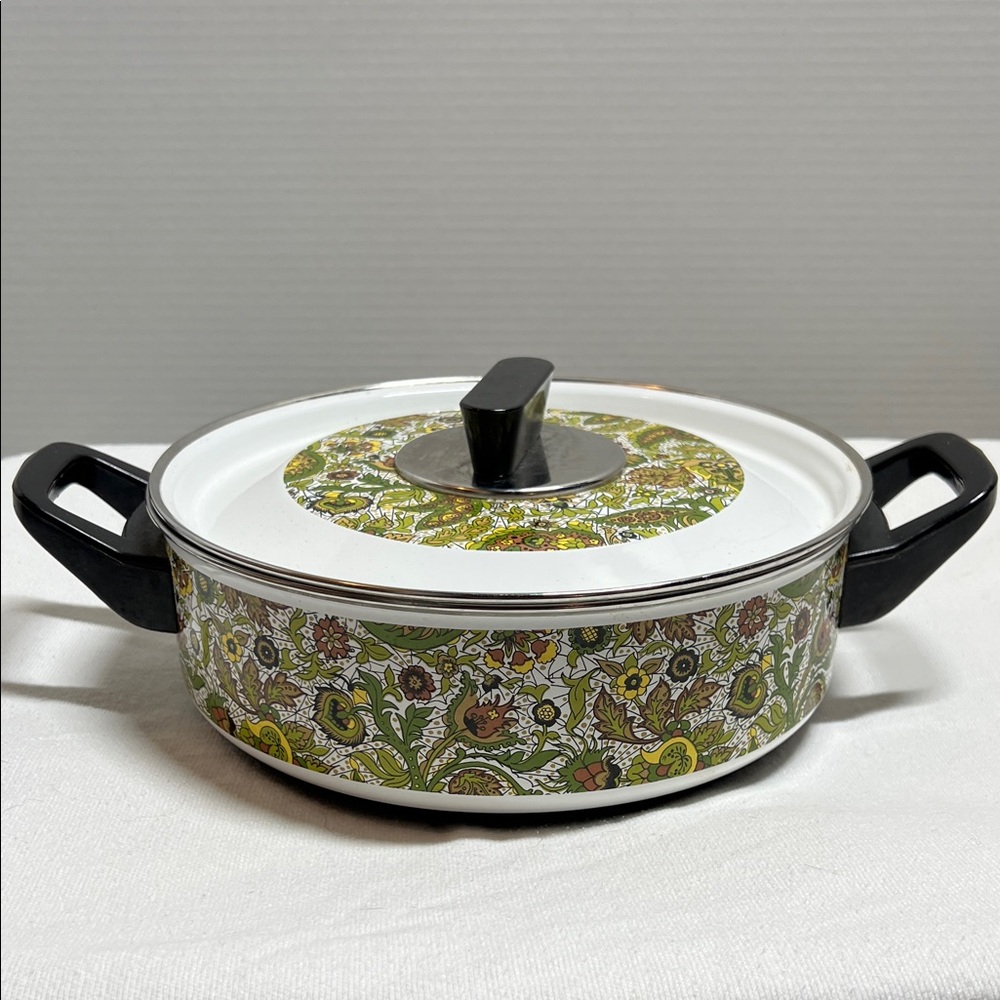 Vintage Fancipans Avocado Paisley Enamel Ware Pot Sauce Pan With Lid